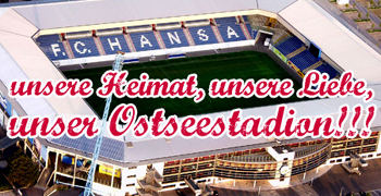 Mit dem Leitspruch „Unsere Heimat, unsere Liebe, unser Ostseestadion“ stimmen die Fans für die Erhaltung des Namens.